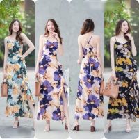 14589 Maxi Dress เดรสยาว สายเดี่ยวไขว้สายด้านหลัง แต่งผ้าระบายและผ่าด้านข้างชุดเที่ยวทะเล ออกงาน ชุดราตรี