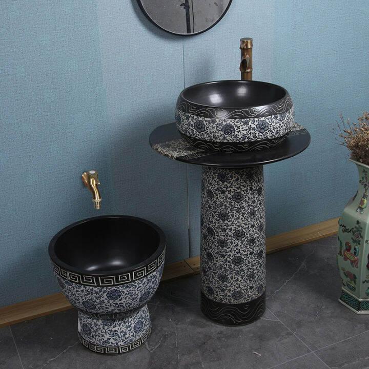 Ceramic Retro Blue and White Vertical Wash Basin Outdoor Washbasin ...