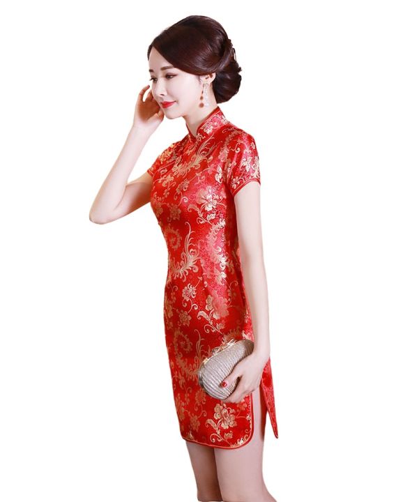 ชุดกี่เพ้า-ชุดจีน-ชุดผ่าข้าง-ตรุษจีนผู้ใหญ่-สีแดง-สีทอง-สินค้าพร้อมส่ง