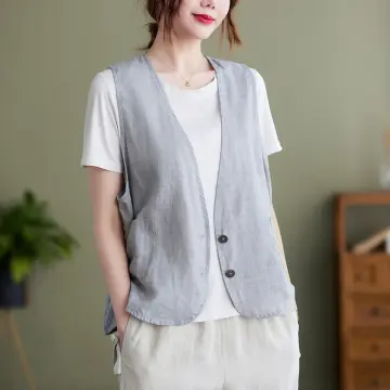 Cotton Linen Vests for Women 2023 Fashion Sleeveless Button Down Blazer  Jacket Summer Casual Loose Vest Outerwear