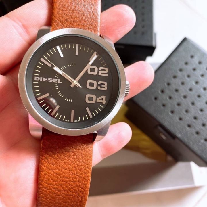 นาฬิกาข้อมือผู้ชาย-diesel-mens-double-down-46-three-hand-brown-leather-watch-size-53mm-รับประกันของแท้-100