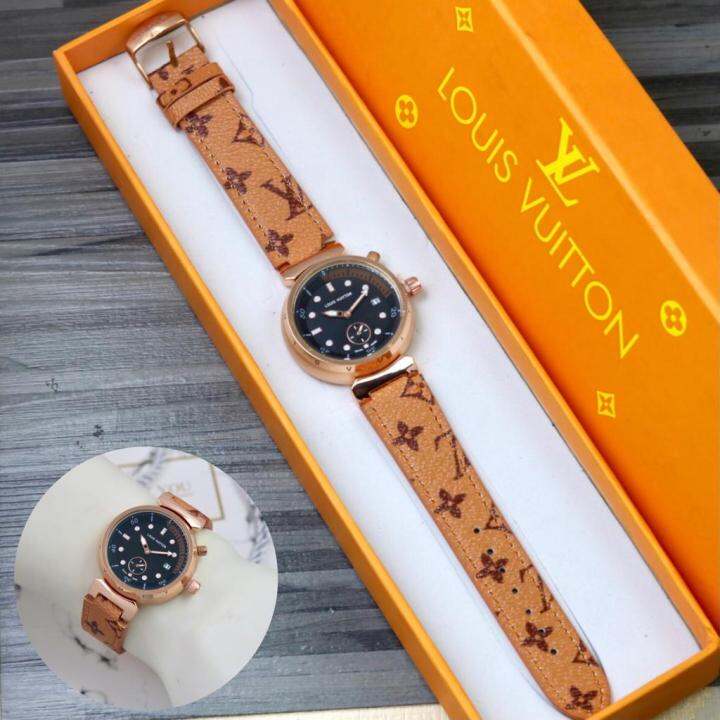 LV jam Tangan Wanita Tali Kulit Tanggal Aktif / Jam Tangan