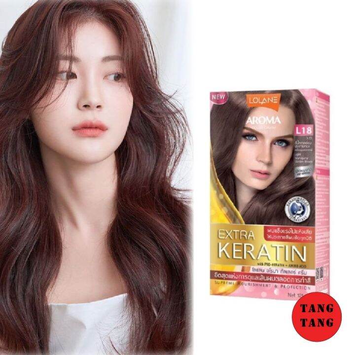 lolane-aroma-extra-keratin-color-cream-โลแลน-อโรมาคัลเลอร์ครีม-l18-สีน้ำตาลอ่อนประกายทองเหลือบมะฮอกกานี