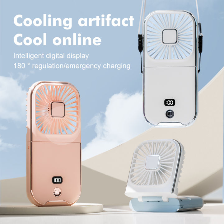 Goojodoq New Hanging Neck Fan Handheld Fan Digital Display Folding Mini Small Fan Desktop