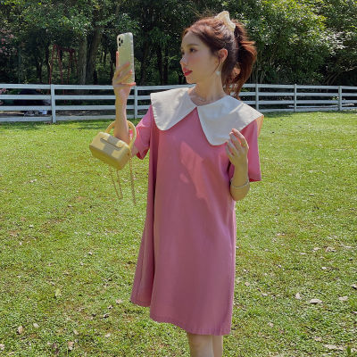 ชุดเดรสสไตล์เพรพพี้สวยหวานสีชมพูสำหรับผู้หญิงตัวเล็กแบบใหม่ฤดูร้อนปี2023เดรสคอบัวผูกโบว์ด้านหลัง