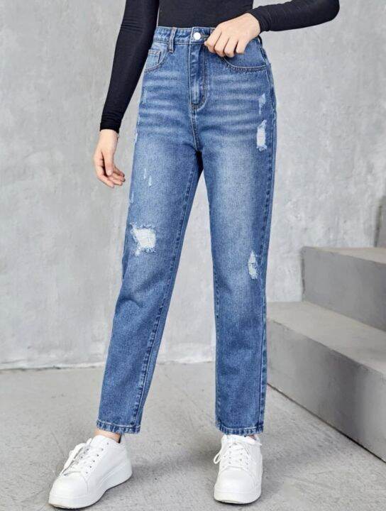 Teen Girls Slant Pocket Ripped Jeans Lazada PH