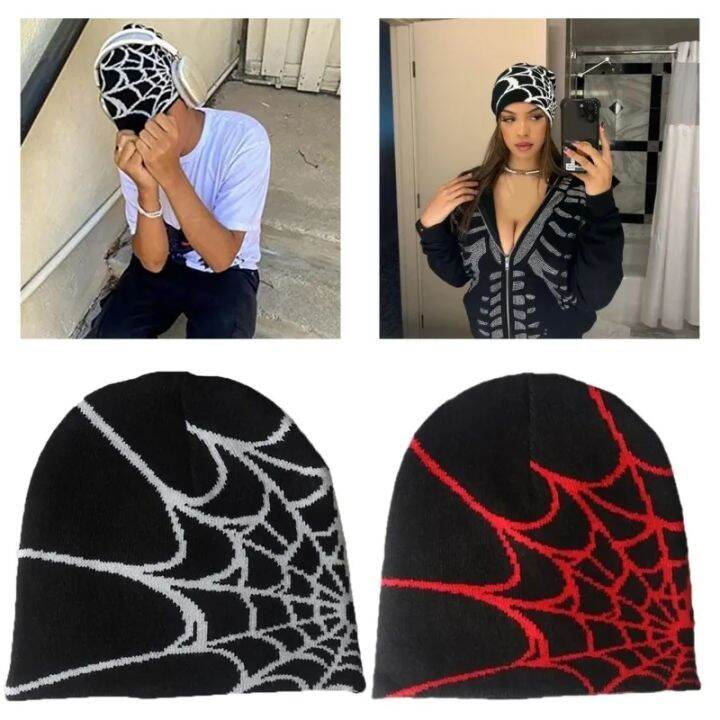 Y2K Gothic Spider  Pattern Wool Knitted Hat Women Beanie Winter Warm
