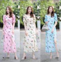 Maxi dress พิมลายดอกไม้ ดีเทลแขนตุ๊กตาแต่งรูดย่นที่แขน กระโปรงผ่าด้านหน้าเพิ่มความเซกซี่เบาๆ