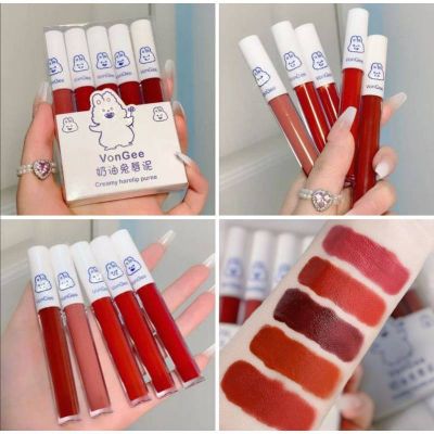 ลิปกลอสแมท เซตลิปจุ่ม Vongee Lipgloss น้อนกระต่ายฝาขาว  5 แท่ง 5 เฉดสี