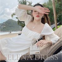 FLAT2112 FT741 : SELENA DRESS เดรสสั้น เดรสระบาย เดรสแขนสม็อค เดรสผ้าคอตตอน พร้อมส่ง