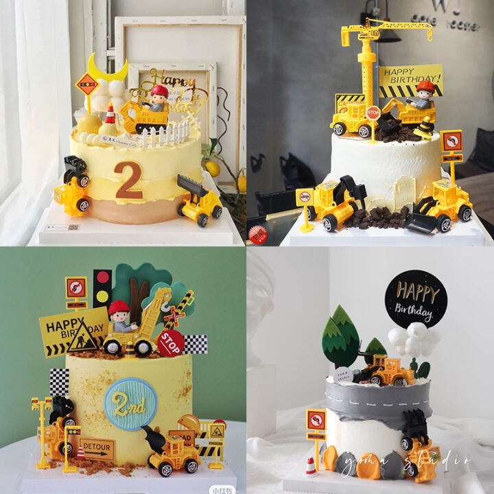 Engineering Vehicle Boy Cake Decoration Excavator Excavator Road Sign ...