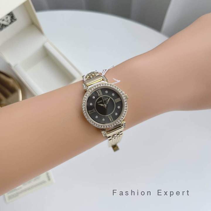 ของแท้100-นาฬิกาข้อมือ-anne-klein-swarovski-crystal-gold-black-dial-ak2928