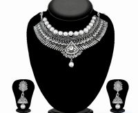 EVINCO JEWELRY SILVER PLATED AUSTRIAN STONE AND PEARL OXIDIZED NECKLACE SET