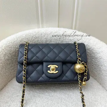 BNIB Chanel Mini Square Pearl Crush Flap bag Black Lamb GHW