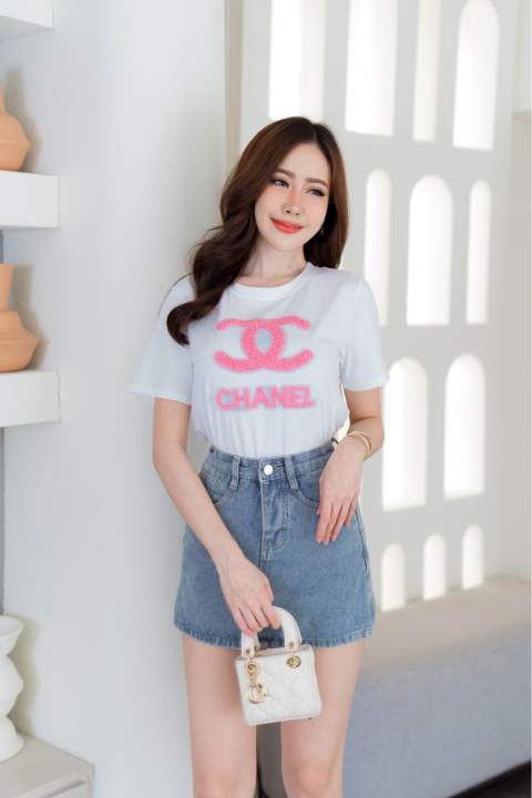 chanel-เสื้อยืดคอกลมแขนสั้นใช้ผ้ายืดเด้งพรีเมี่ยม