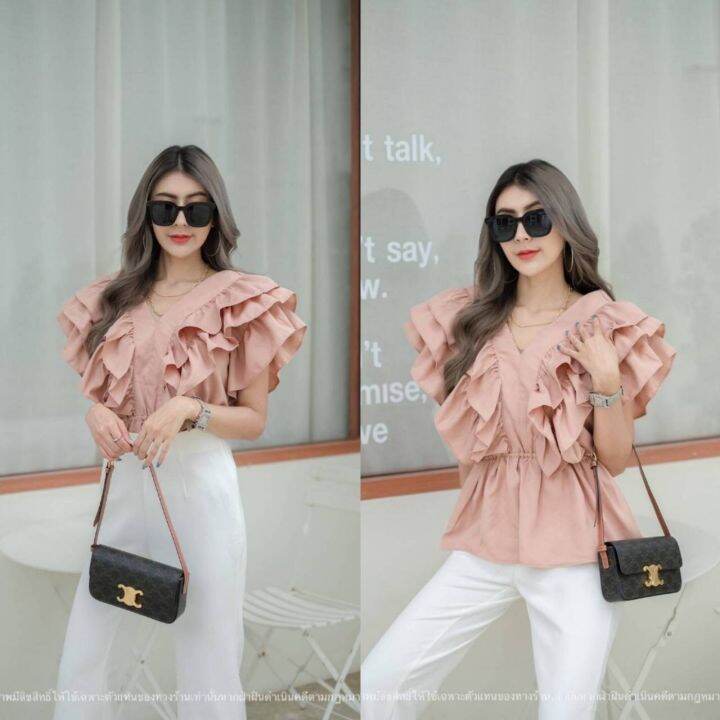 เสื้อคอวีหน้า-วีหลัง-ระบายแขน-3ชั้น-ขนาดฟรีไซร้