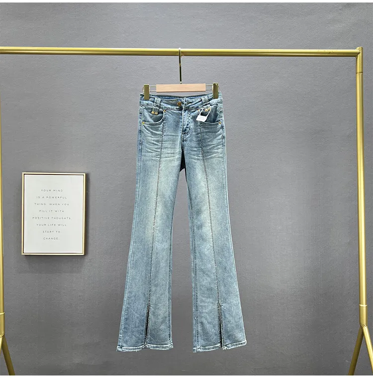 Hot Rhinestone Jeans for Women Trendy 2023 New Spring Elastic High Waist  Slim Fit Slim Looking European Goods Split Bootcut Pants