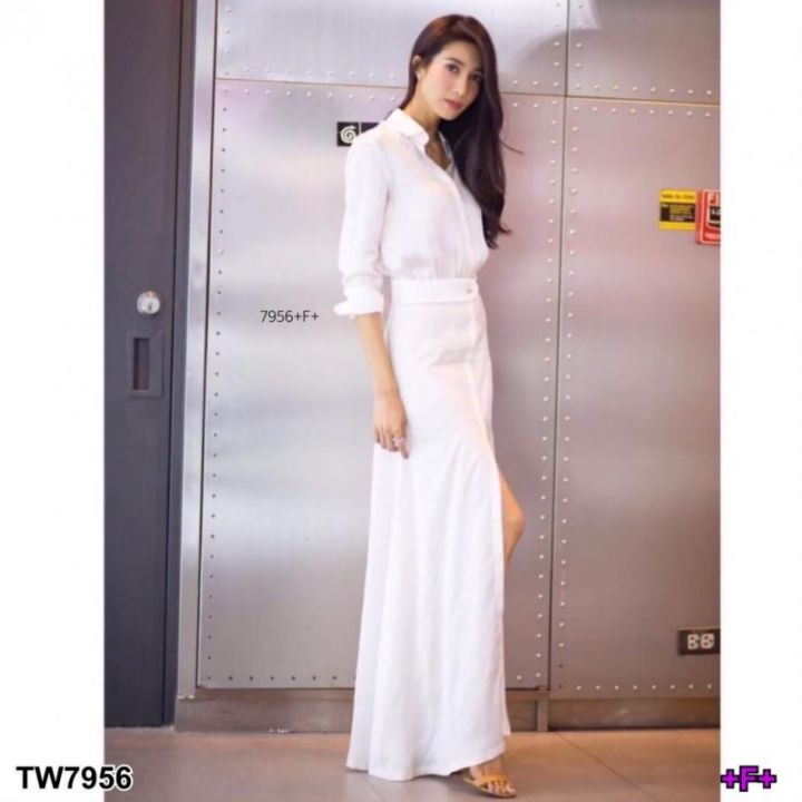 7956-dress-ชุดเดรสยาว-เรียบหรูดูดี-ชุดเดรสเชิ้ตสีขาวตัวยาว-ทรงสวย-แต่งผ่าด้านหน้า