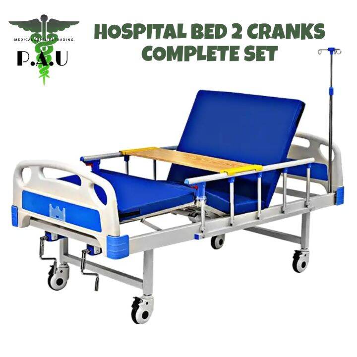 HOSPITAL BED 2 Cranks Complete Set with Wooden Overbed Table IV Fluid
