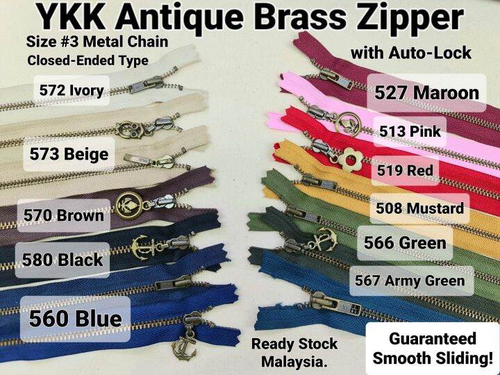 YKK #3 Antique Brass Zipper for Any Craft Project. 10/12/13/15/16.5/18