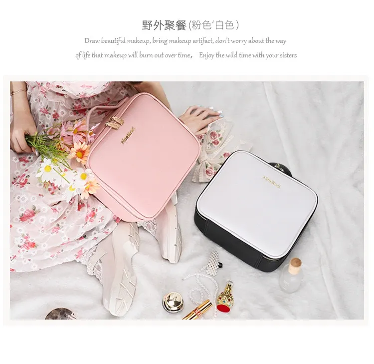 Korea LED Makeup Bag With Mirror Large Cosmetic Bag Portable Travel Pink  Storage Bag Smart Led Cosmetic Case With Mirror Light - AliExpress