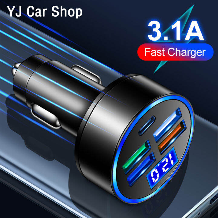 3.1A 4 USB Car Charger Adapter PD Type C Car USB Charger With LED Fast