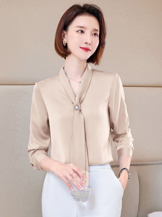 Champagne Color Shirt Satin Long Sleeve Design Sense Acetic Acid | Lazada