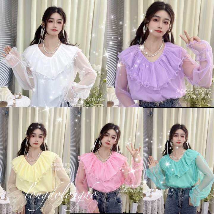 พร้อมส่ง-งานบิ๊กไซส์อก-42-เสื้อฟรุ้งฟริ้งออกงาน-เสื้อลูกคุล-เสื้อคัลเลอร์ฟลู