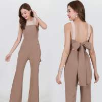 Ramsita Bellaze Jumpsuit จั๊มสูทเสื้อผูกโบว์หลัง กางเกงขากระดิ่ง สีน้ำตาลกากี