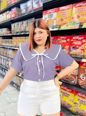 R 1064.เสื้อสาวอวบ ปกบัวกุ๊นขอบขาว กระดุมหน้า