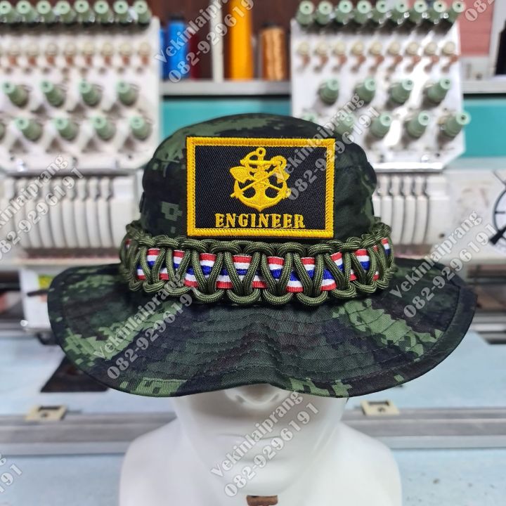 หมวกปีกสั้นลายพรางใหม่-ถักเชือกสีเขียว-พร้อมเทปผ้าลายธง-อาร์มเหล่าทหารช่าง-ขนาดฟรีไซร์รอบศรีษะ58cm