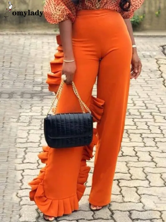 Pants for Women Trendy Dressy High Waist Side Ruffled Long Orange Trousers  Femme Elegant Party Club Event Bottoms Large Size 4XL | Lazada PH