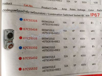 Haco 67CSS316 สวิตช์หมุนพร้อมเต้ารับ (พร้อมกล่อง) Combination Switched Socket IEC 309 IP67 Haco 66SW220LE+67SO316+66E2 PCE 16A 3P 230V