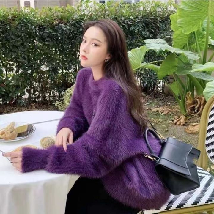 Artificial Mink Fur Sweater Women's Idle Style plus Size Spring and Autumn  Thickening Mid-Length Top round Neck Sweater Bottoming Outerwear