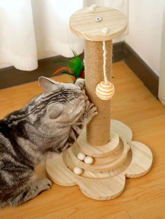 Natural material Solid Wood Cat Scratching Post, Natural Sisal Scratcher with Interactive Track
