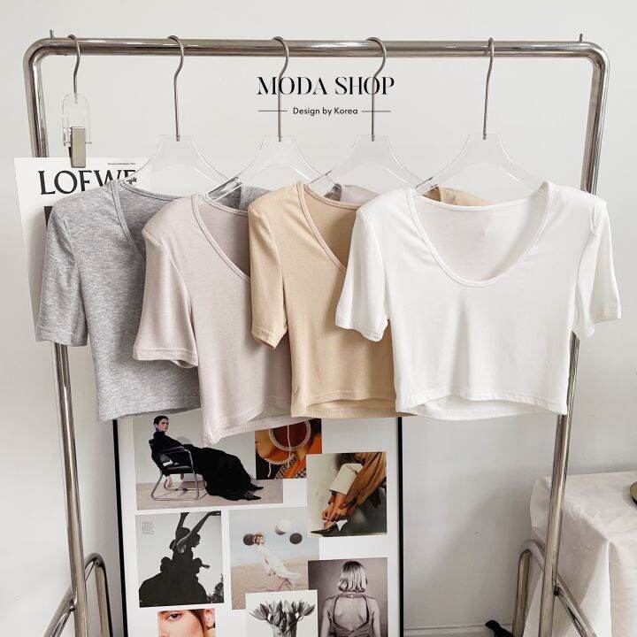 moda-shop-เสื้อยืดคอกลมทรงครอปแฟชั่นผู้หญิงตัวสั้นเสริมฟองน้ำที่บ่า