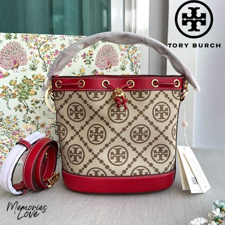 Tory Burch 84336 T Monogram Jacquard Bucket Bag Hazelnut Brown