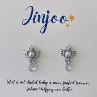 Jinjoo✨-E1105-ต่างหูหัวใจมุกขาวติดปีก ลุกเจ้าหญิง มินิมอลมาก