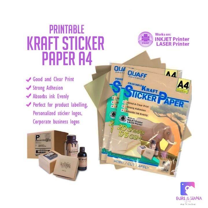 QUAFF Printable KRAFT STICKER PAPER A4 Size 20 Sheets 175gsm Strong ...