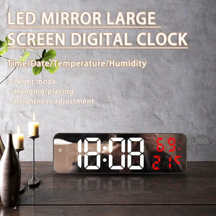 LED Mirror Large Screen Digital Clock Date Time Temperature Humidity ...