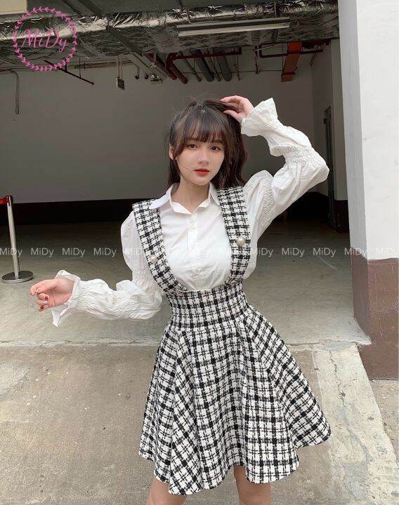 Váy Hàn Quốc yếm dạ tweed đen  Váy dạ Hàn Quốc cao cấp