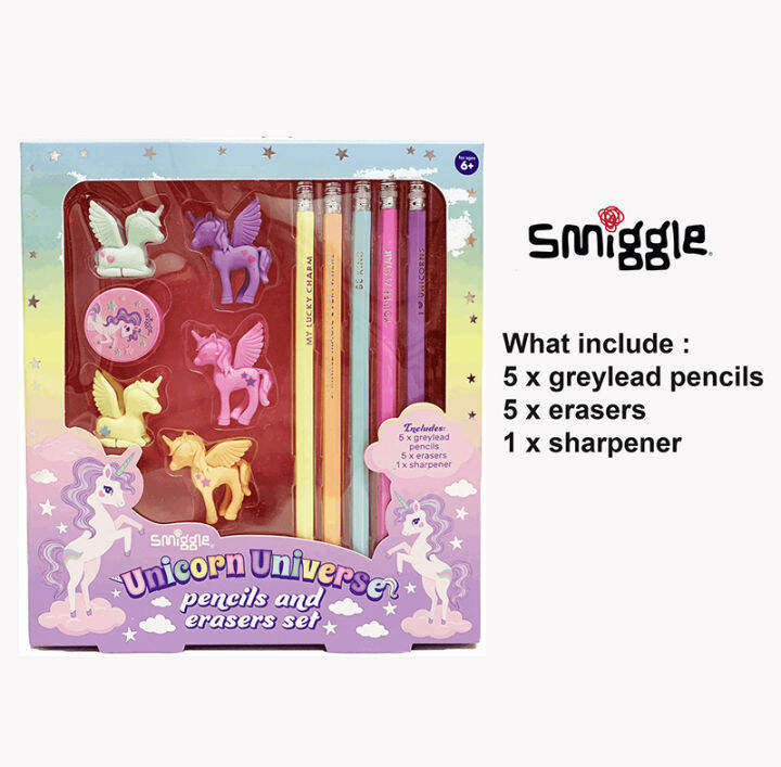 Smiggle Pencil and Eraser Set Unicorn Universe Set Pensil dan Pemadam