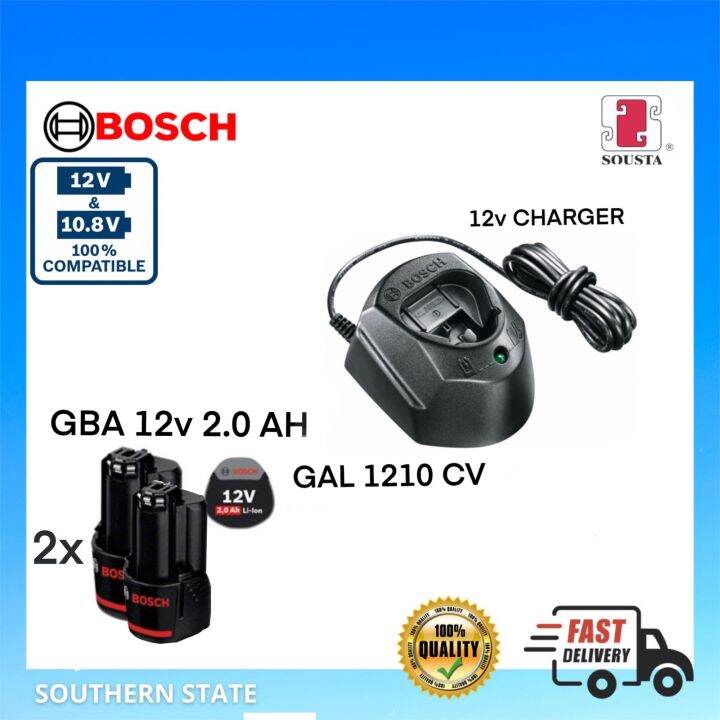 1x BOSCH 12V BATTERY CHARGER GAL1210CV AND 2xBOSCH GBA 12V 2.0AH LIION