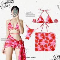 Poppy red Bikini ?✨ บิกินี่สีแดงลายมัดย้อม ได้3ชิ้น เเถมผ้าคลุม (พร้อมส่ง)