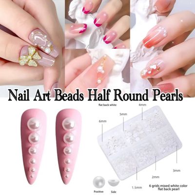 🇹🇭มุกแต่งเล็บ มุกสีขาว 1.5-6mm Mix Round/Half Pearl Beads 6 Box White Flatback Pearl Beads for Nail Clothing Decorations DIY Nail Art Accessories