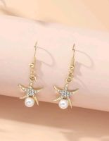 ต่างหูแฟชั่น ต่างหูปลาดาว ต่างหูมุก Rhinestone Starfish &amp; Faux Pearl Drop Earrings (ส่งจากไทย)