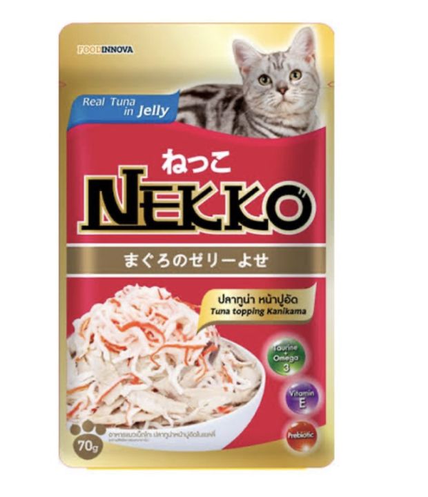อาหารแมวเปียก Nekko สูตร ทูน่าปูอัดในเยลลี่ สีแดง NP3 ยกโหล (12ซอง)