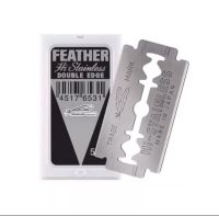 (1 กล่องเล็กมี 5ใบ) Feather cut ใบมีด โกน 2 คม มีดโกนหนวด มีดกันคิ้ว ขนนก  Hi stainless platinum coated blade คุณภาพญี่ปุ่น double edge