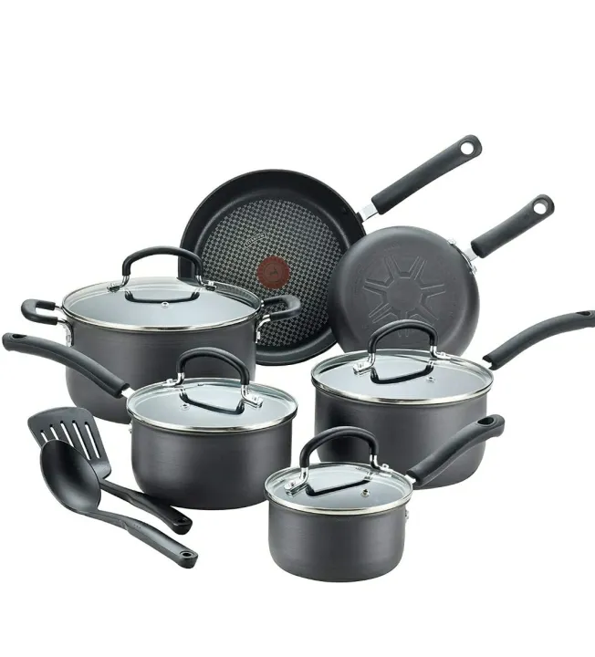 T-fal Hard Anodized Cookware Set, Thermo-Spot Heat Indicator, 12 Pc, Grey (Sg Seller)