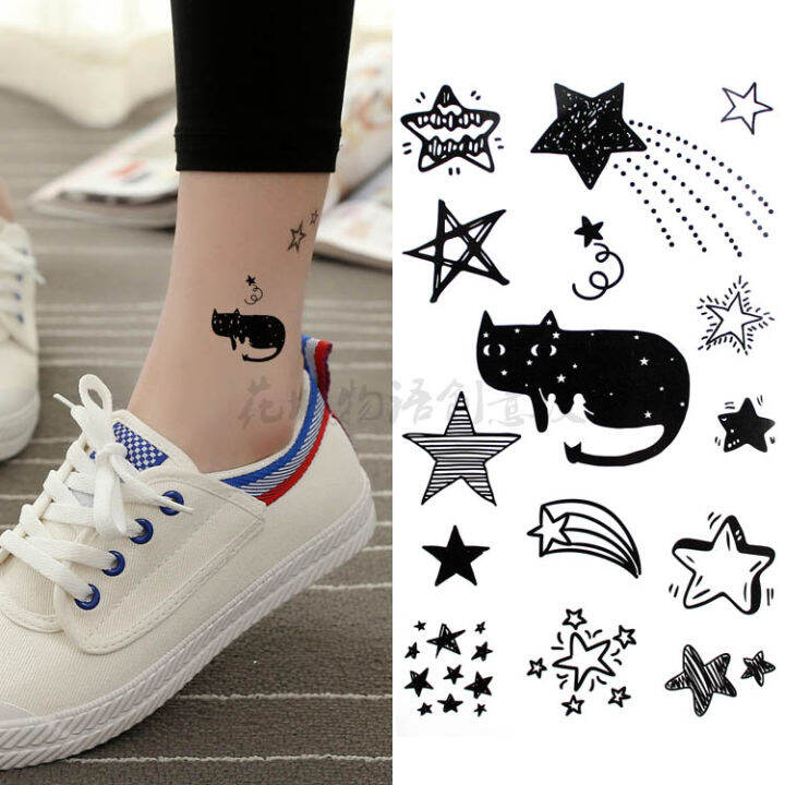Waterproof Tattoo Sticker Female Lasting Kitty Five Point Star Black